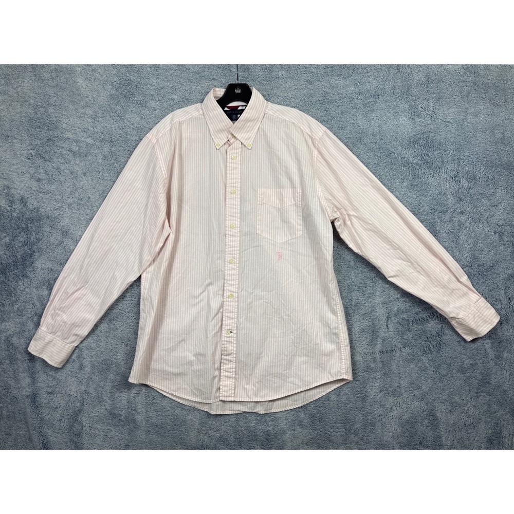Tommy Hilfiger Mens Large Pink Striped Button Down Shirt Long Sleeve Cotton Logo